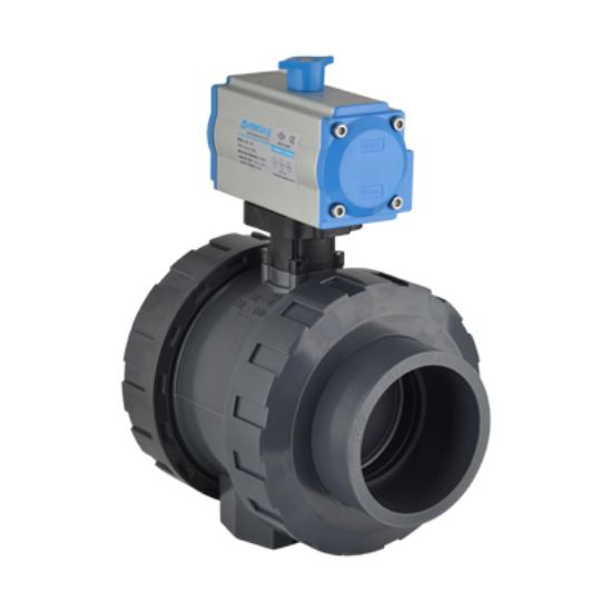 Picture of U-PVC PNEUMATIC ACTUATOR TRUE UNION BALL VALVE ONE SIDE FEMALE THREADED DOUBLE EFECT FOR ACID FPM
